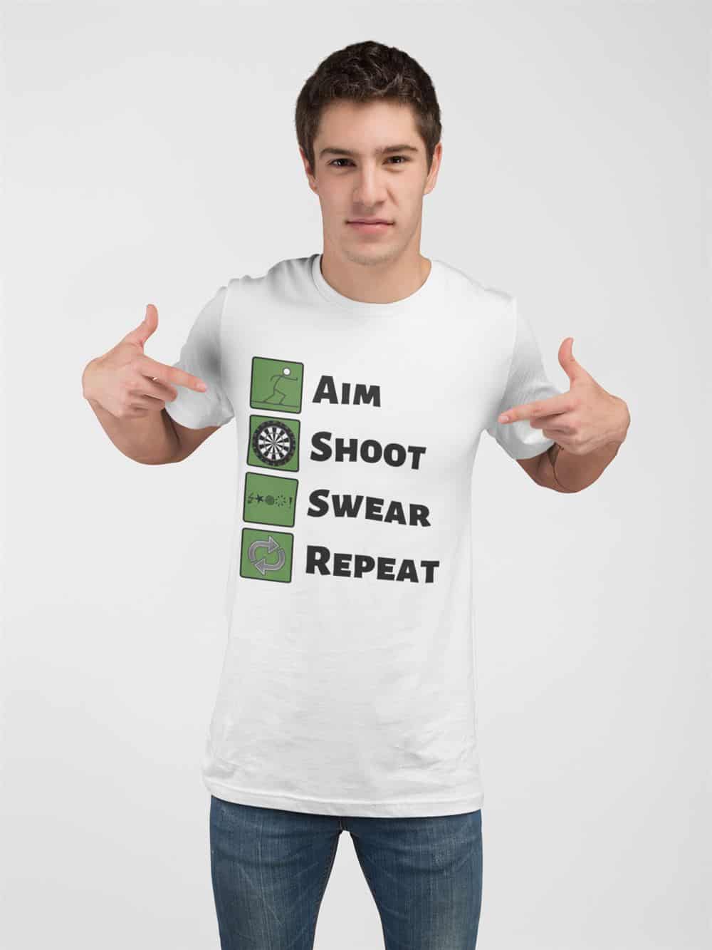 Aim, Shoot, Swear, Repeat - Men's T-Shirt | DartSwag.com